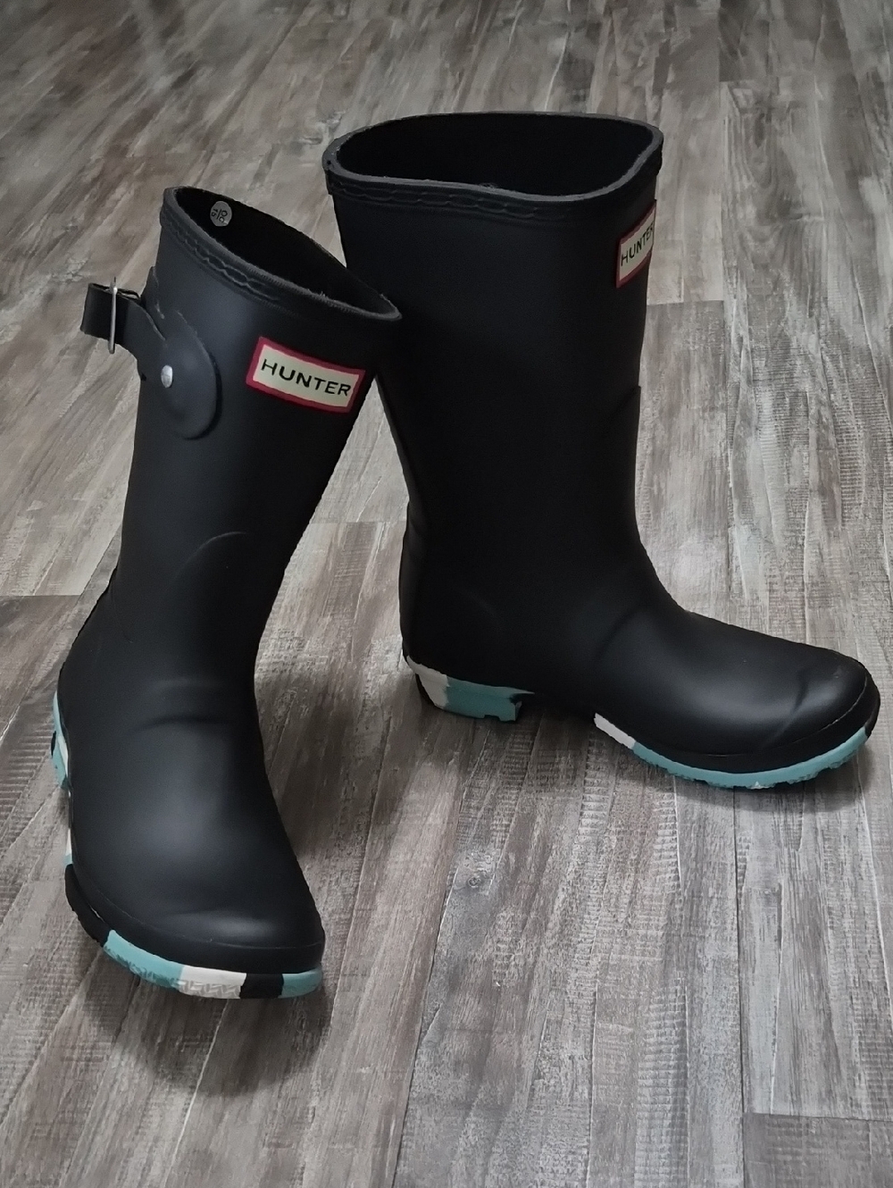 Hunter Black Rain Boots with Aqua Trim